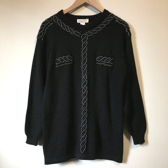 Vintage Long Black Beadwork Knit Sweater - Picture 1 of 13